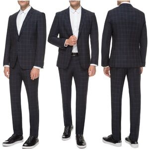 Hugo by Hugo Boss Virgin Wool Plaid Navy Blue Formal Suit Jacket Size 38R